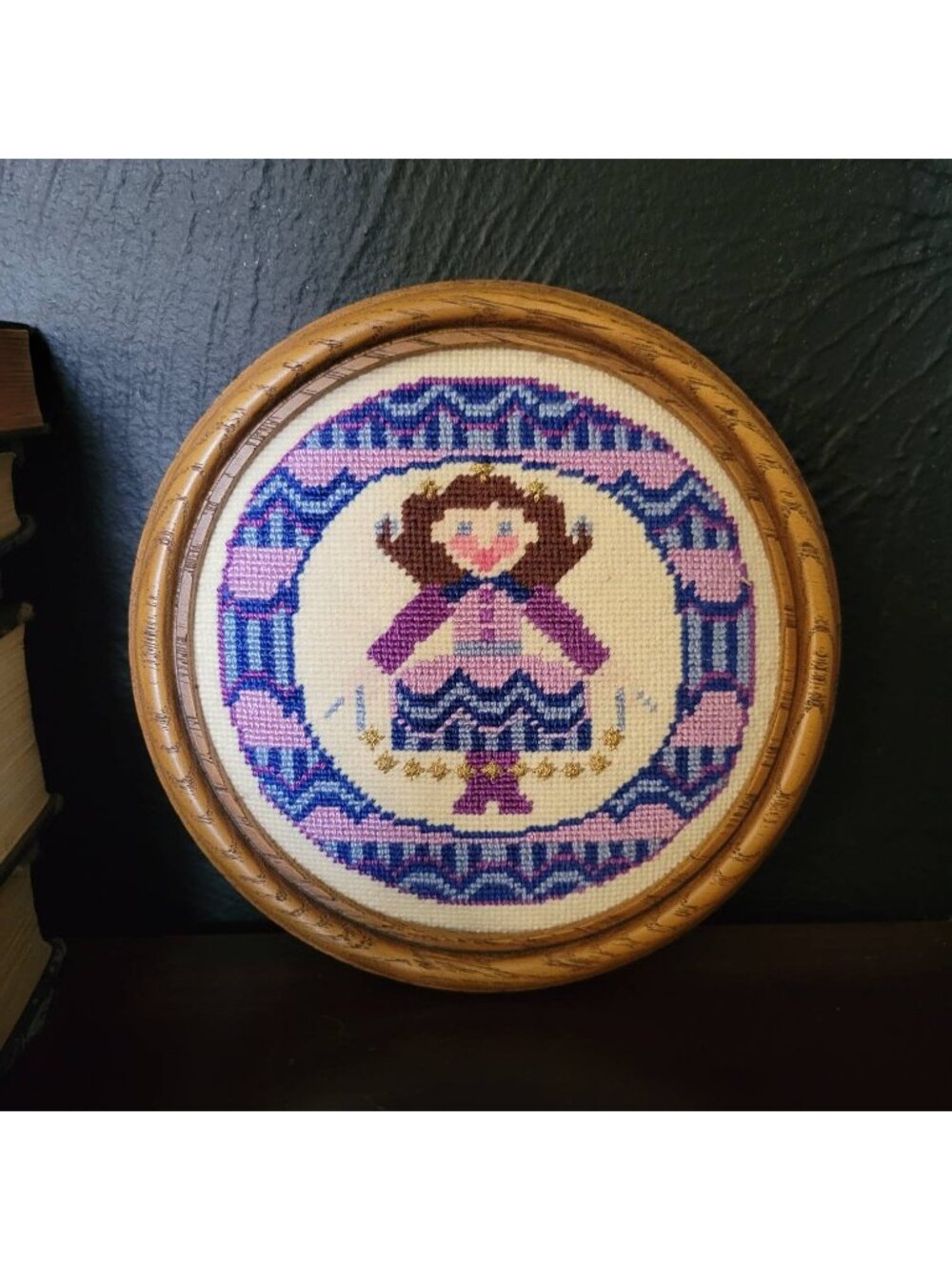 Vintage Counted Cross Stitch Of Girl Jumping Rope In Round Wood Frame